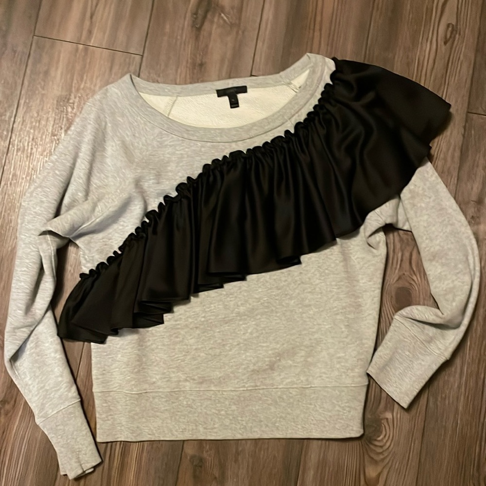 J Crew grey sweatshirt with black satin ruffle. Sz medium